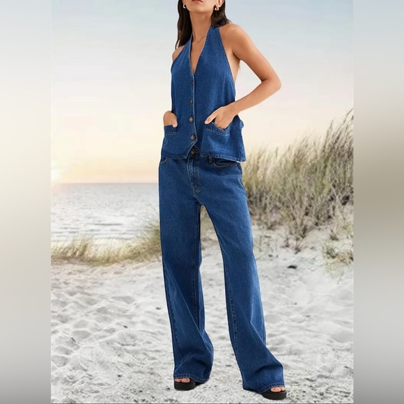 Pants - 14.Premium Denim Two PiecesSet Button Backless Halter Top Wide Leg Jeans Stylish